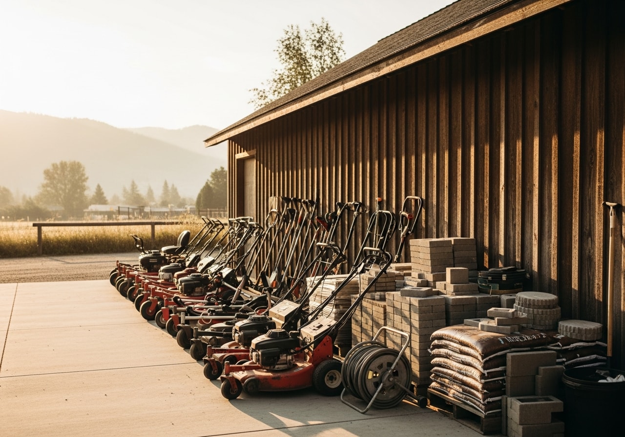 Landscape crew with equipment and tools ready for outdoor project work.